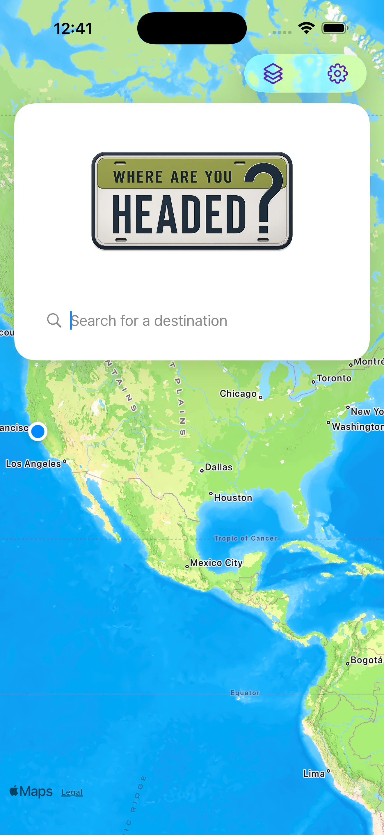 Headed's opening screen: the Where are you headed licence plate above a destination search field.
